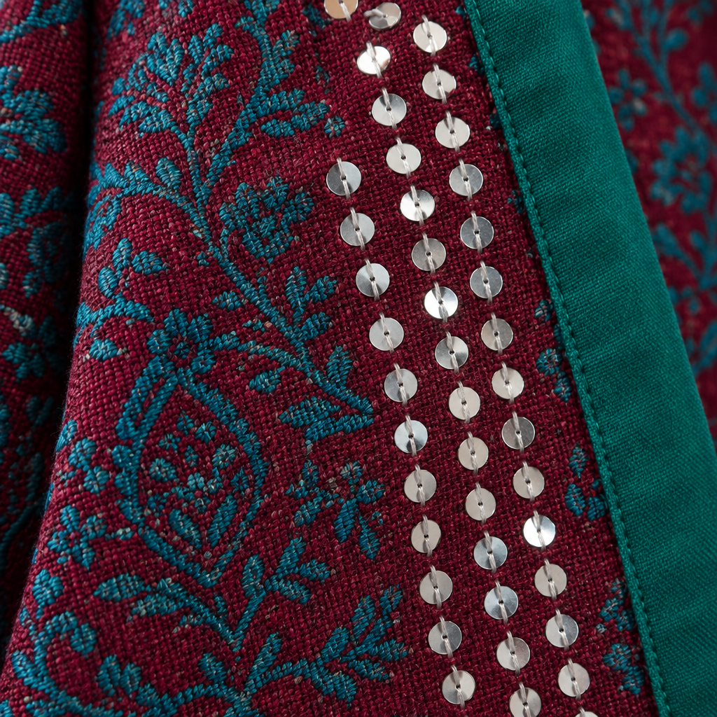 Kimono Turquía tejido estampado burdeos y verde detalle macro mujer Angara Moda