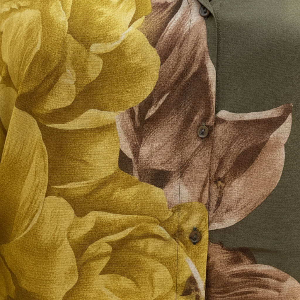 Detalle tejido vaporoso estampado botánico camisa floral Angara Moda