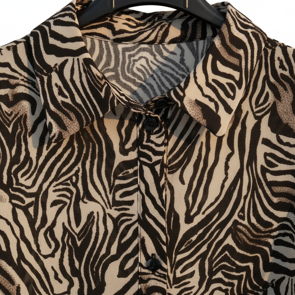 Detalle cuello camisero botonadura camisa Bruma animal print Angara Moda