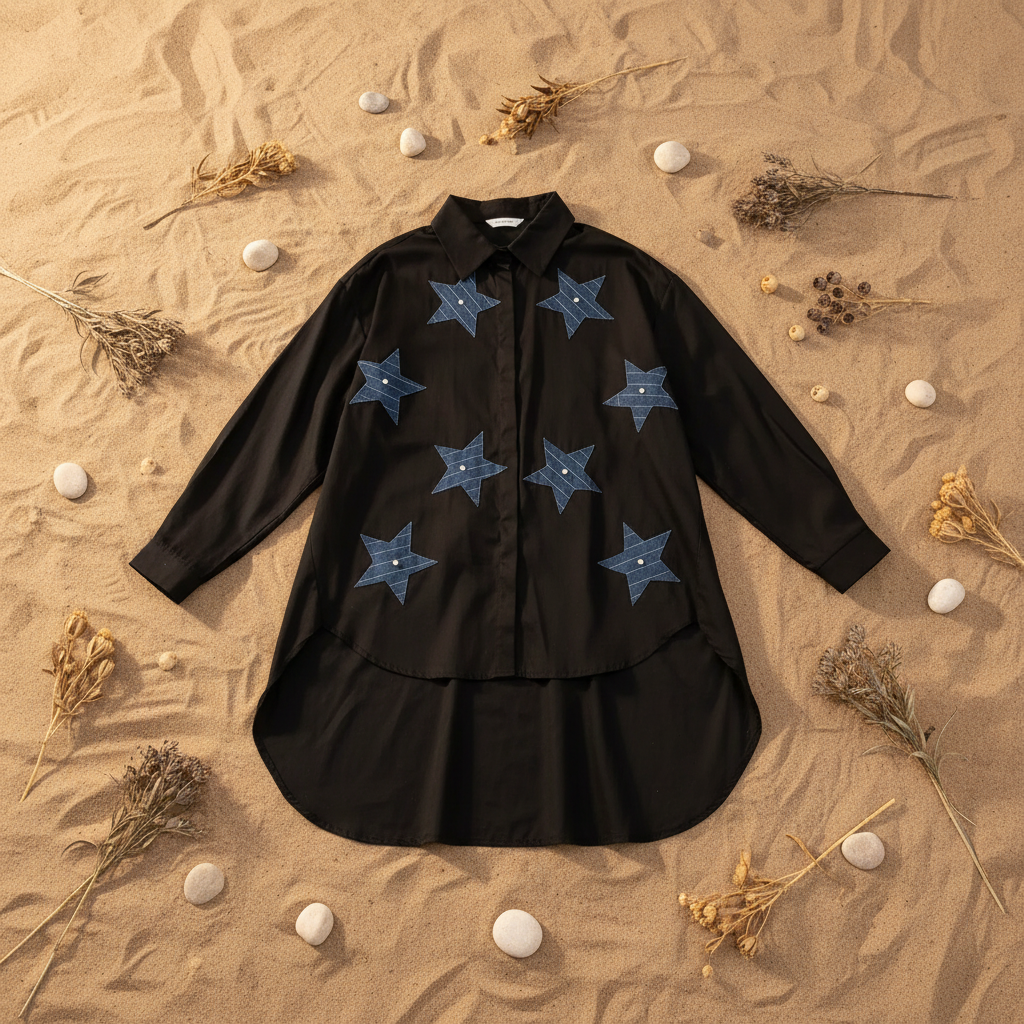Camisa Cauce larga negra estrellas bordadas flat lay fondo natural Angara Moda