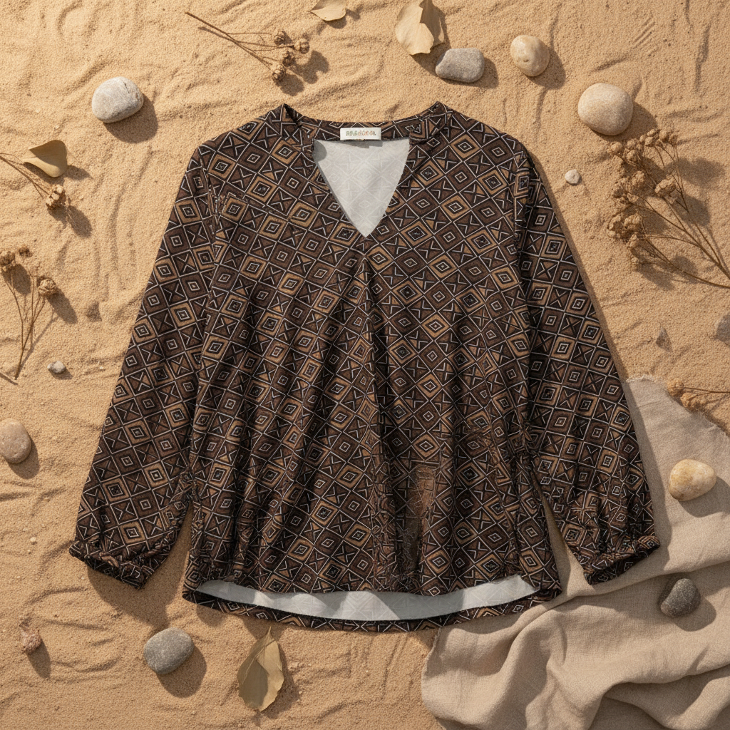Blusa Plata estampado geométrico fondo natural arena Angara Moda