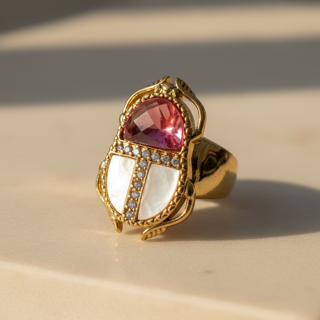 Anillo Raquel escarabajo cristal nácar circonitas detalle de serpiente mujer Angara Moda