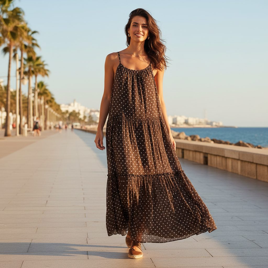 Vestido largo Andromeda marrón chocolate lunares sobre modelo paseo marítimo Angara Moda