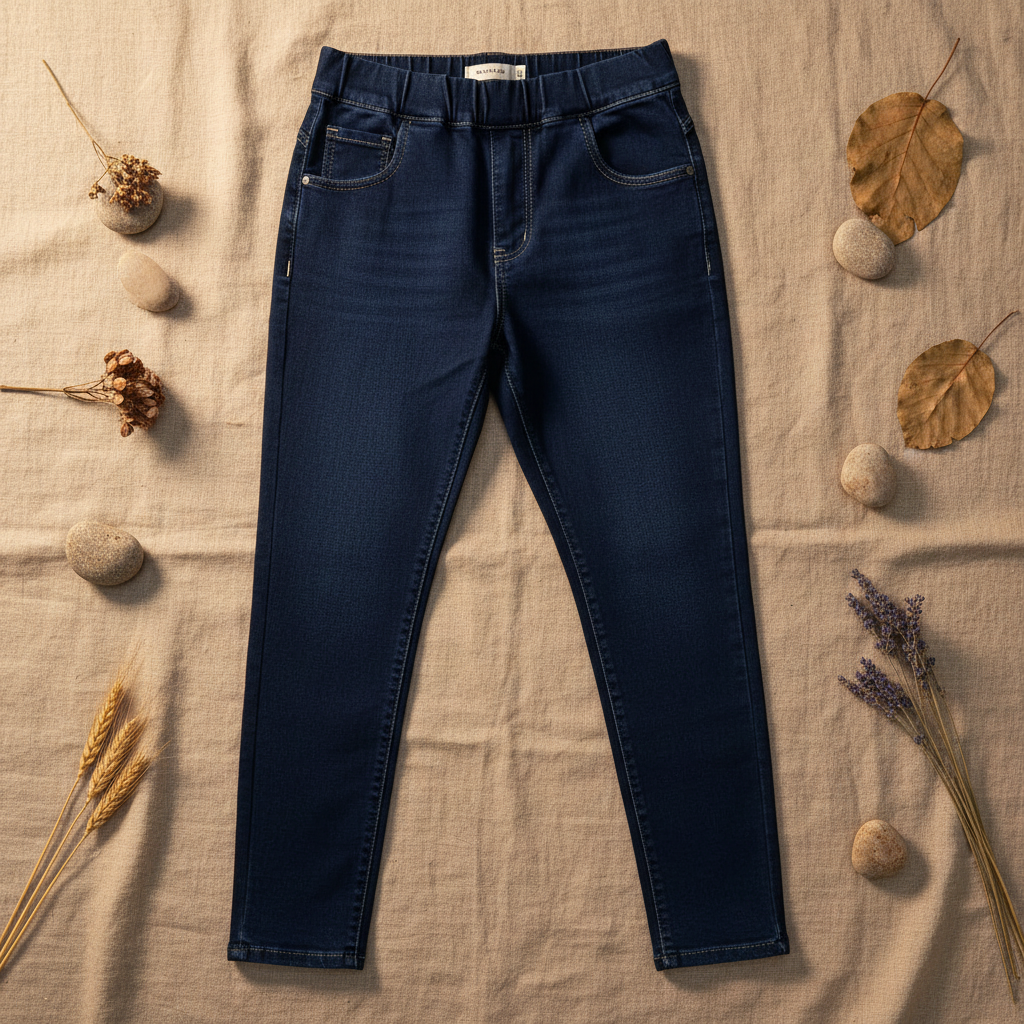 Pantalón Mezquite denim azul oscuro pantalón jegging sobre fondo natural mujer Angara Moda