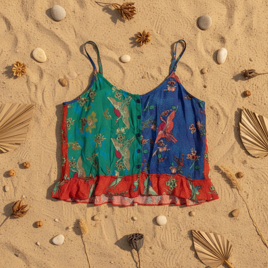 Top Erizo patchwork estampado exótico flat lay fondo natural Angara Moda