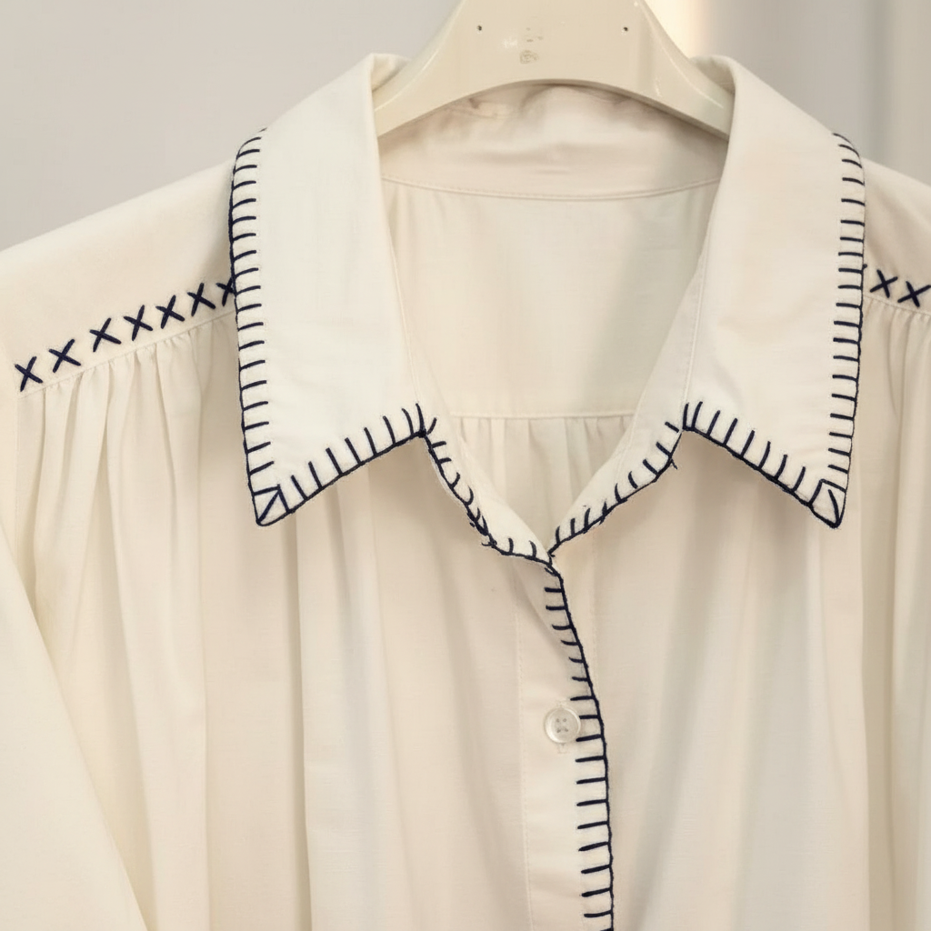 Detalle cuello peter pan pespuntes decorativos camisa Cedro Angara Moda