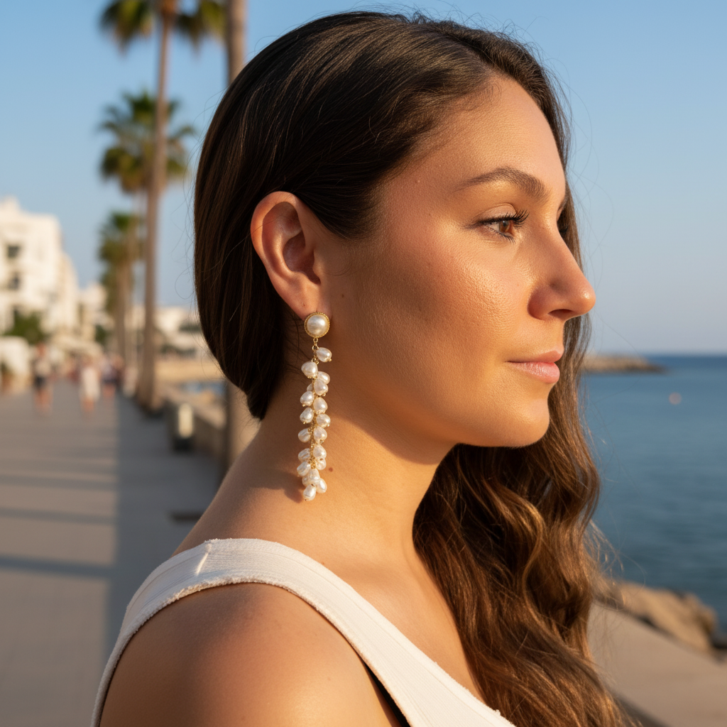 Pendientes Noelia cascada perlas barrocas cuello escote modelo paseo marítimo Angara Moda
