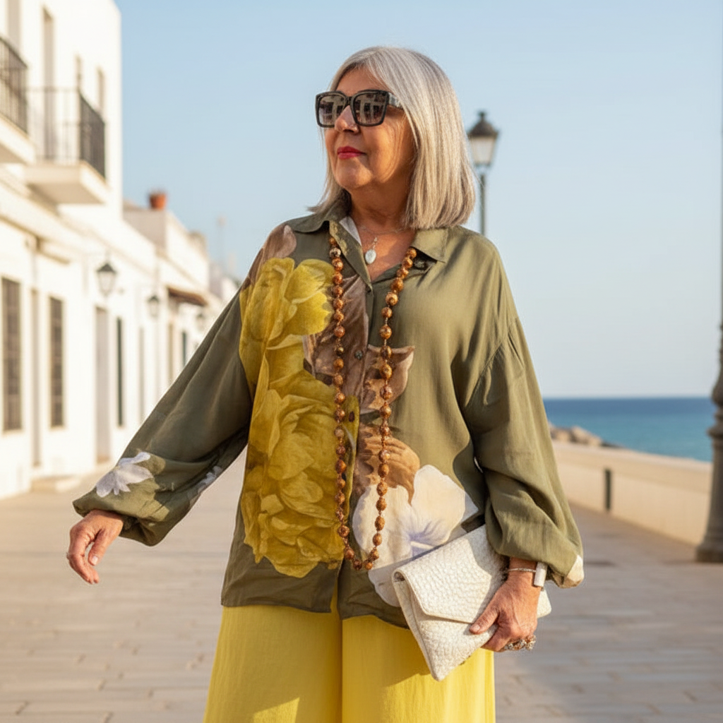 Camisa floral oversize estampado botánico peonías modelo paseo marítimo Angara Moda