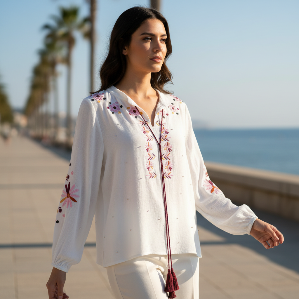 Blusa Lapislázuli bordados florales modelo paseo marítimo Angara Moda