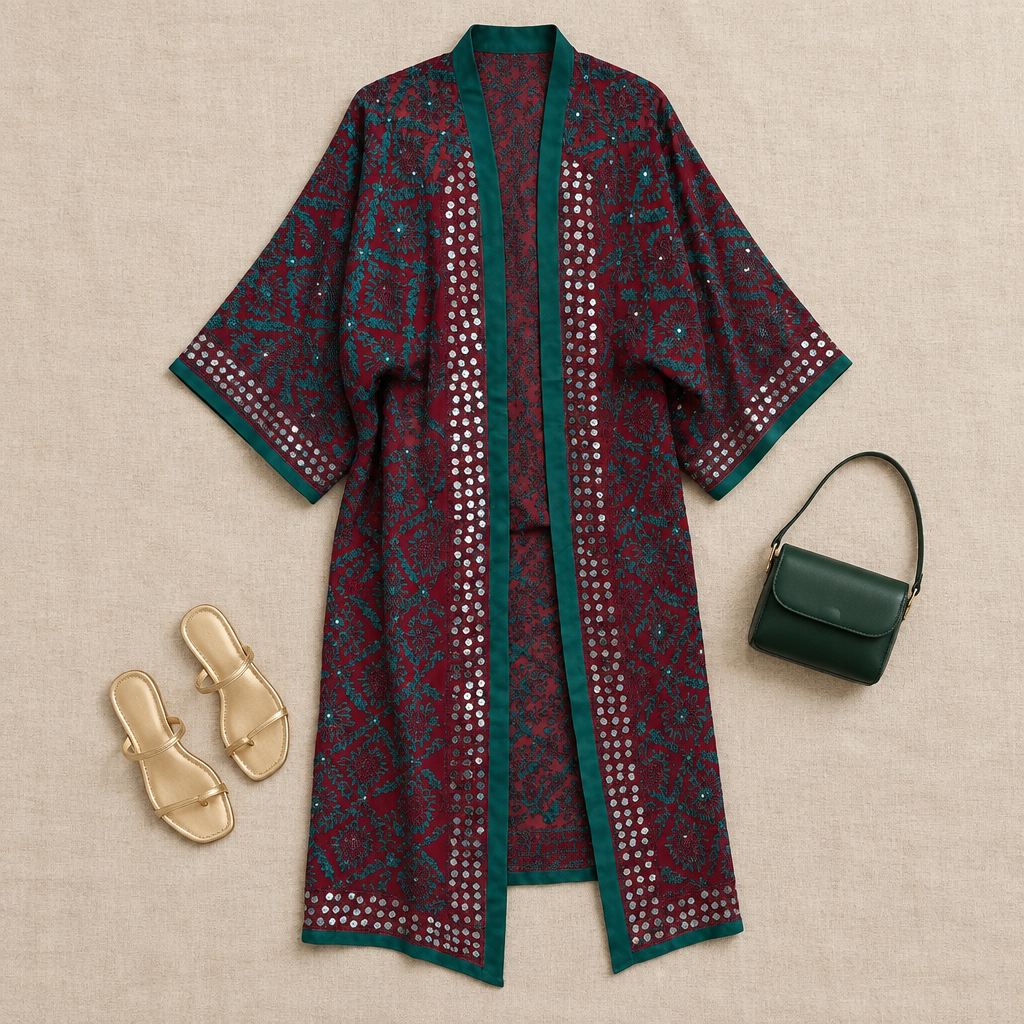 Kimono Turquía tejido estampado burdeos y verde composición flat lay mujer Angara Moda