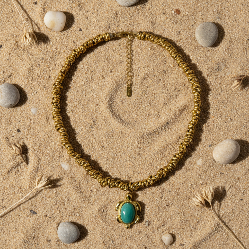 Collar selene gargantilla dorada tortuga turquesa sobre fondo natural arena piedras Angara Moda