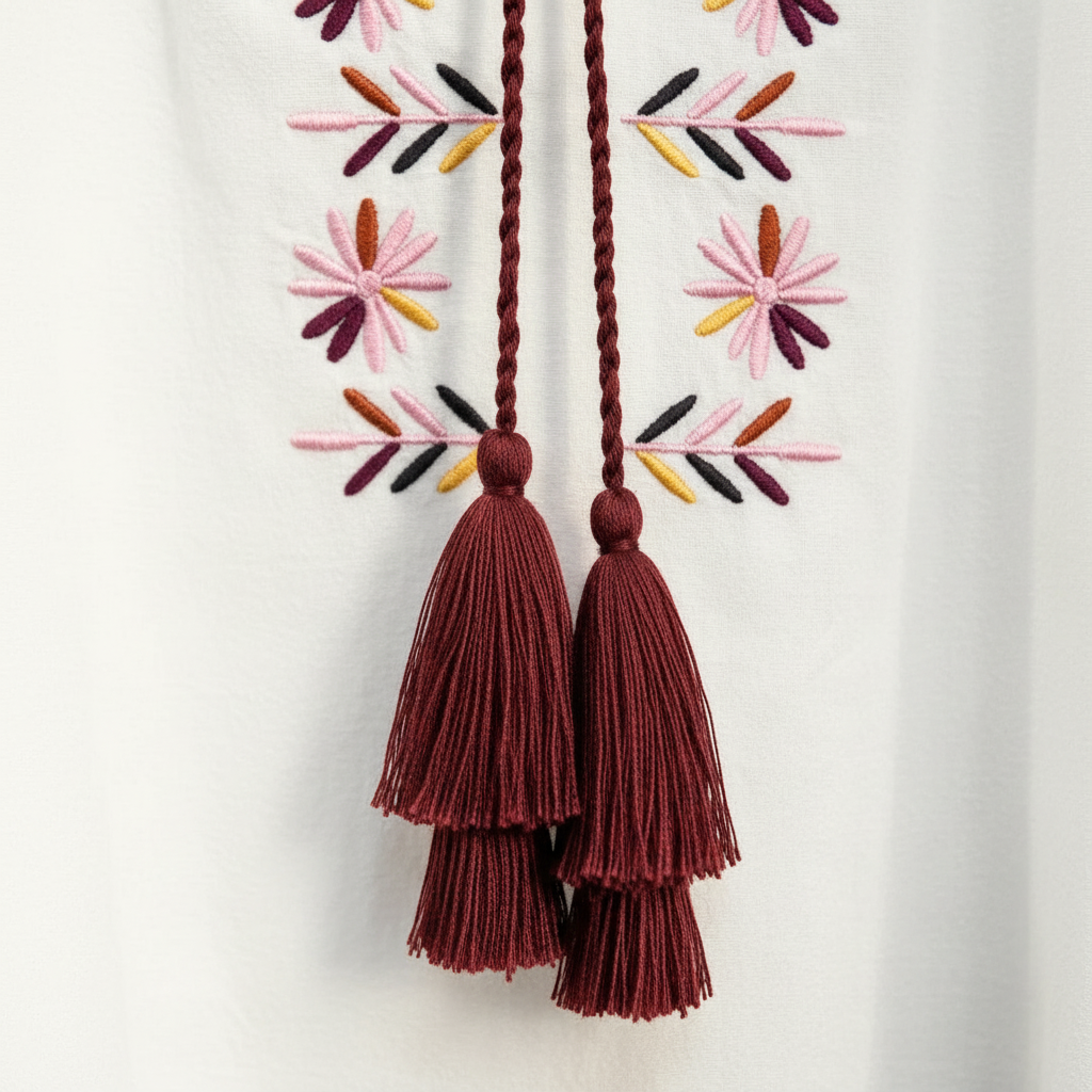 Detalle cordón borlas bordados geométricos blusa Lapislázuli Angara Moda