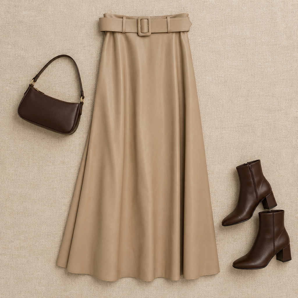 Falda Julieta polipiel beige composición flat lay mujer Angara Moda
