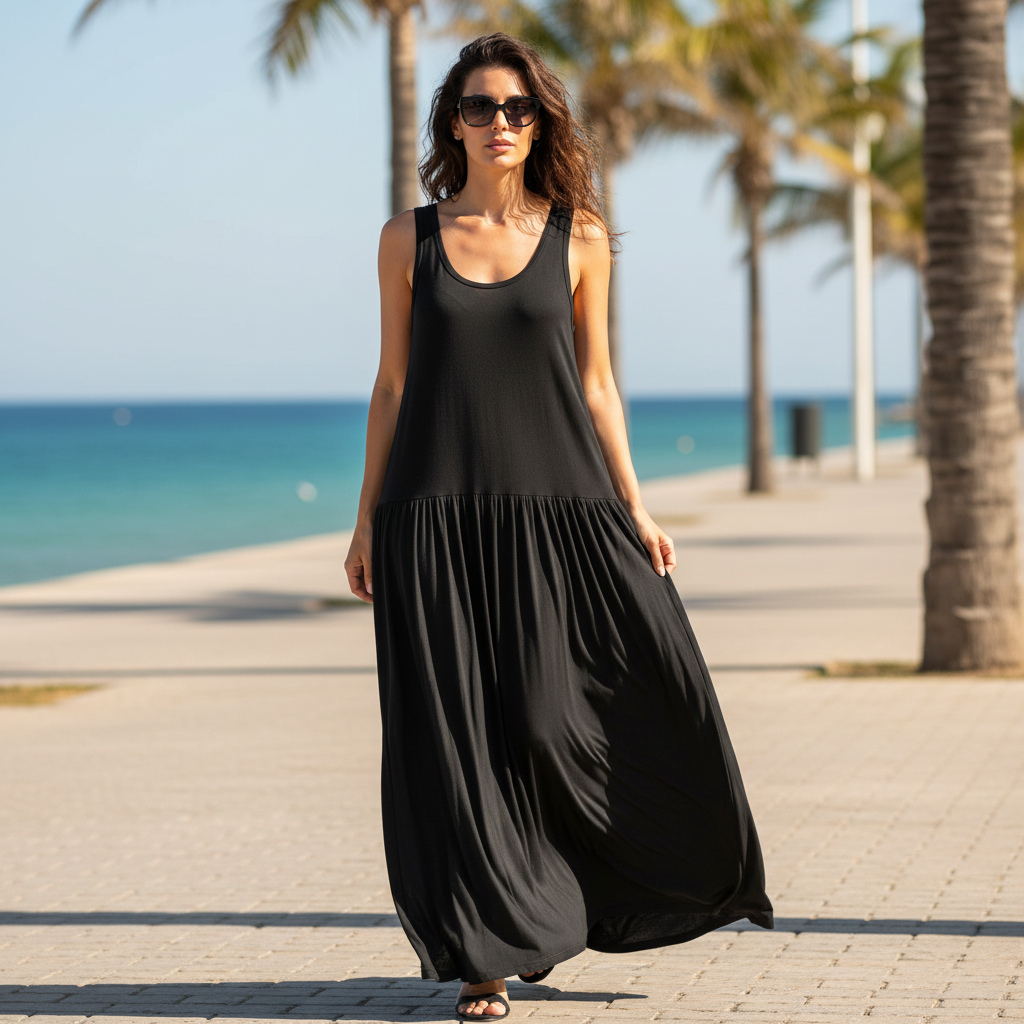 Vestido largo aurora maxi sin mangas sobre modelo paseo marítimo Angara Moda