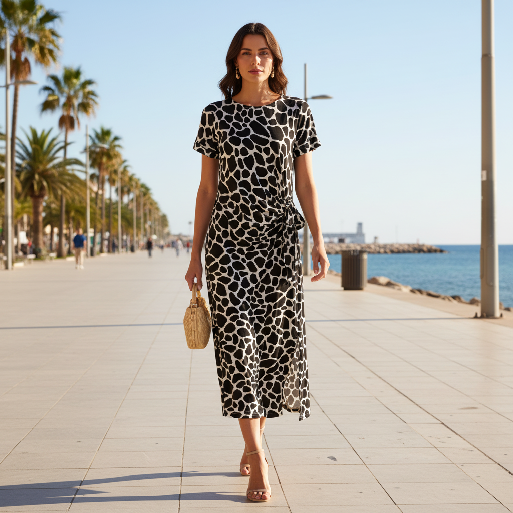 Vestido largo animal print jirafa negro blanco modelo paseo marítimo Angara Moda