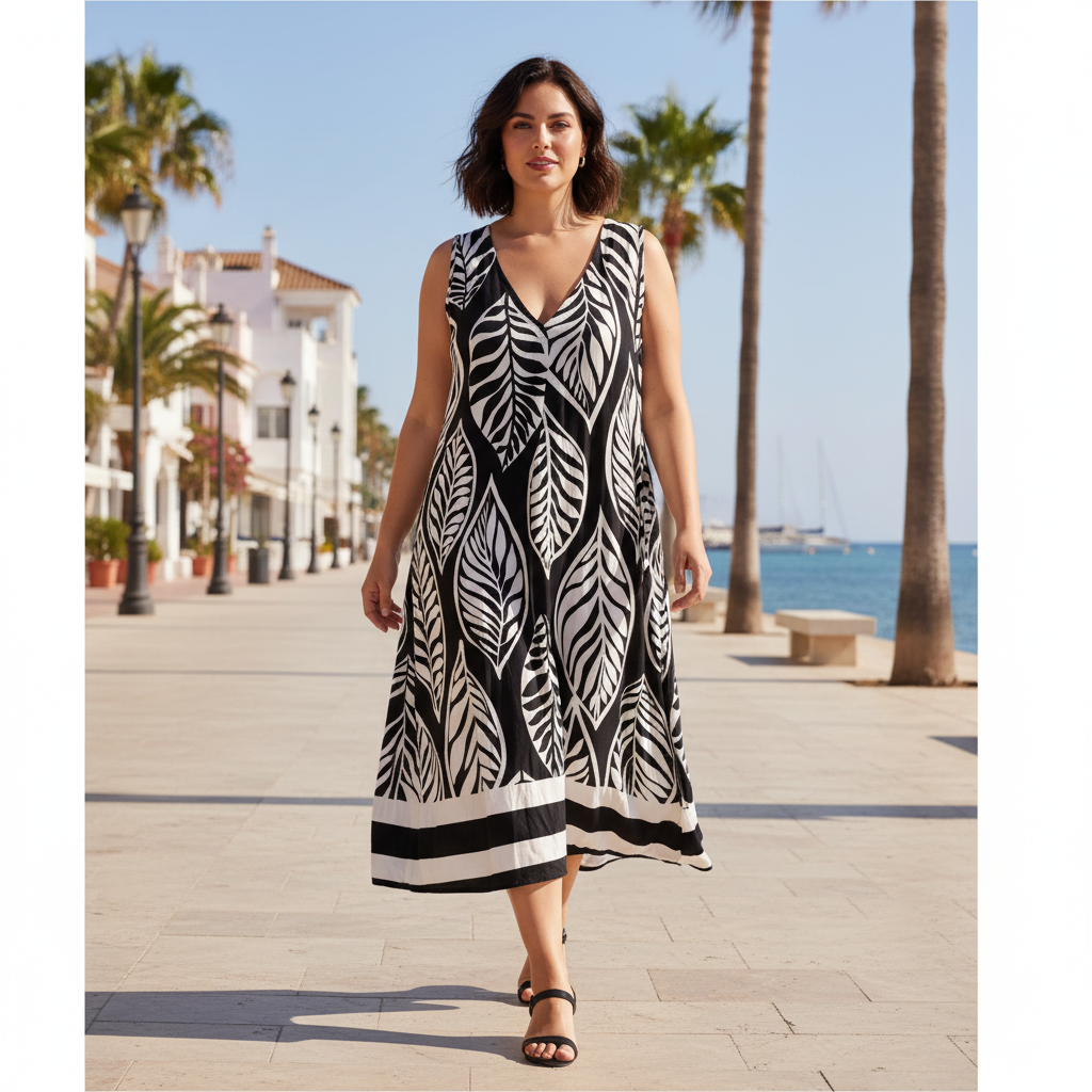 Vestido midi Alex estampado hojas tropical modelo curvi Angara Moda