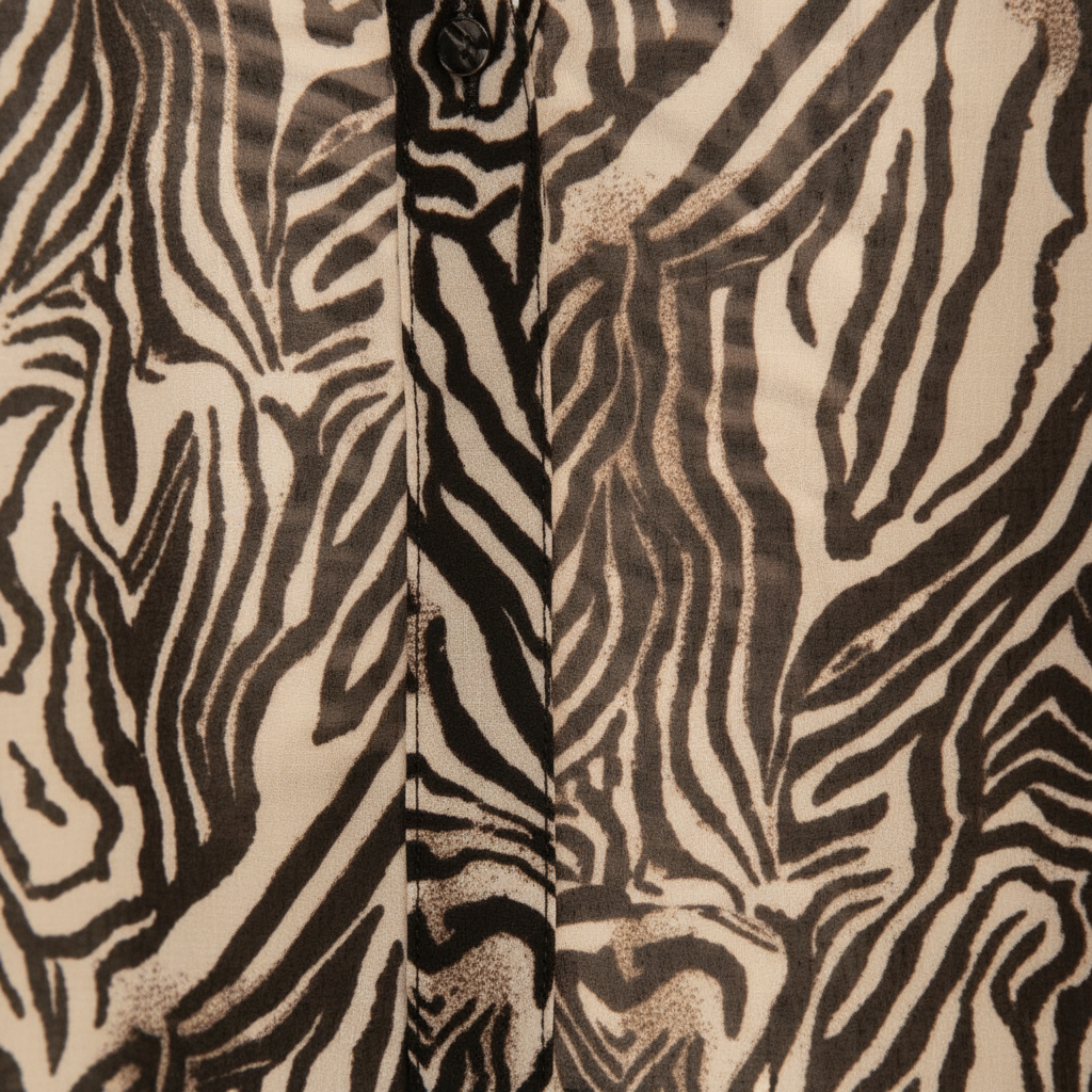 Detalle tejido semitransparente estampado cebra acuarela camisa Bruma Angara Moda