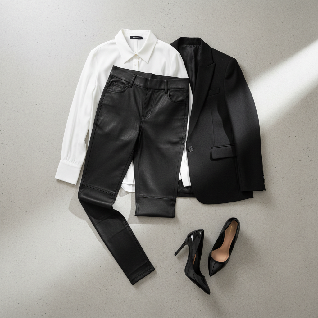 Pantalón Prieto efecto cuero negro pantalón pitillo flat lay mujer Angara Moda