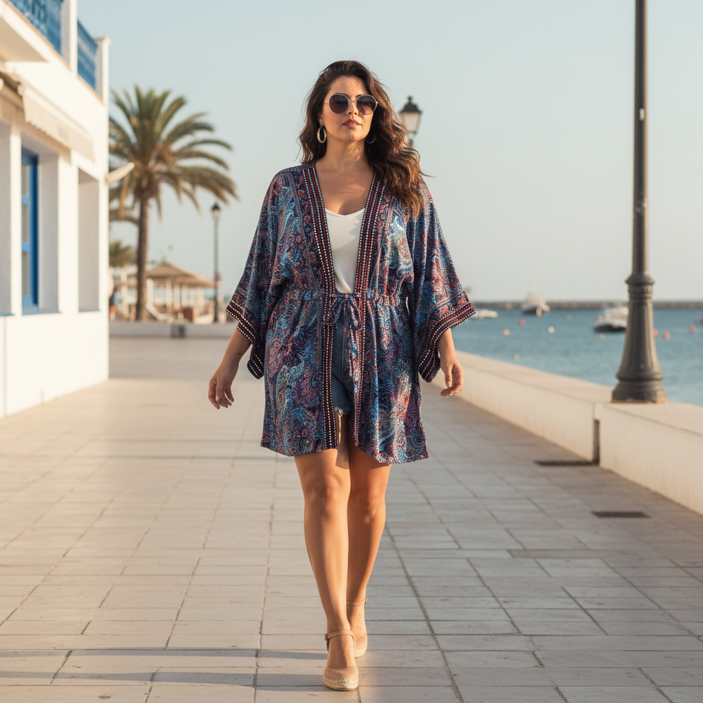 Kimono India Corto Elia sobre modelo curvi