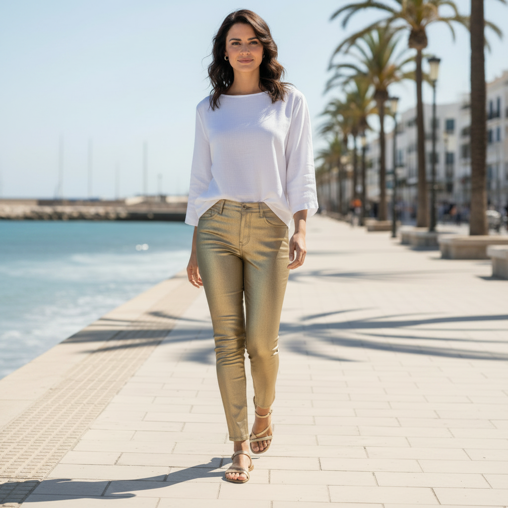 Pantalón dorado metalizado sobre modelo