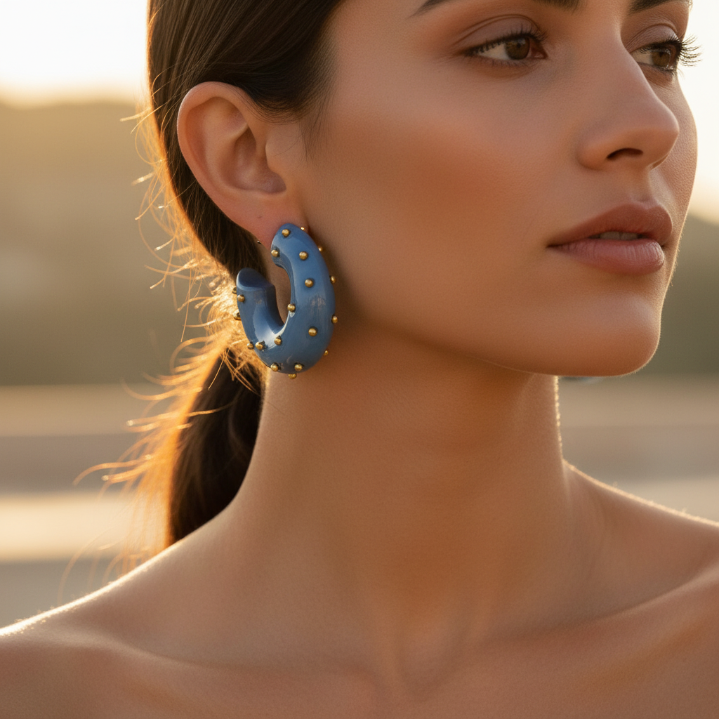 Pendientes aro azul con tachuelas doradas sobre modelo