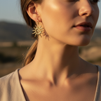 Pendientes sol dorados pequeños sobre modelo