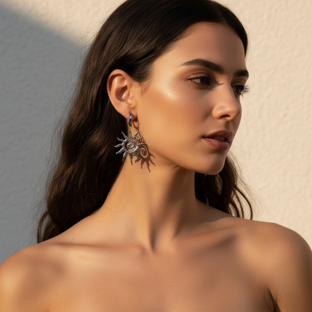 Pendientes sol plata pequeños sobre modelo