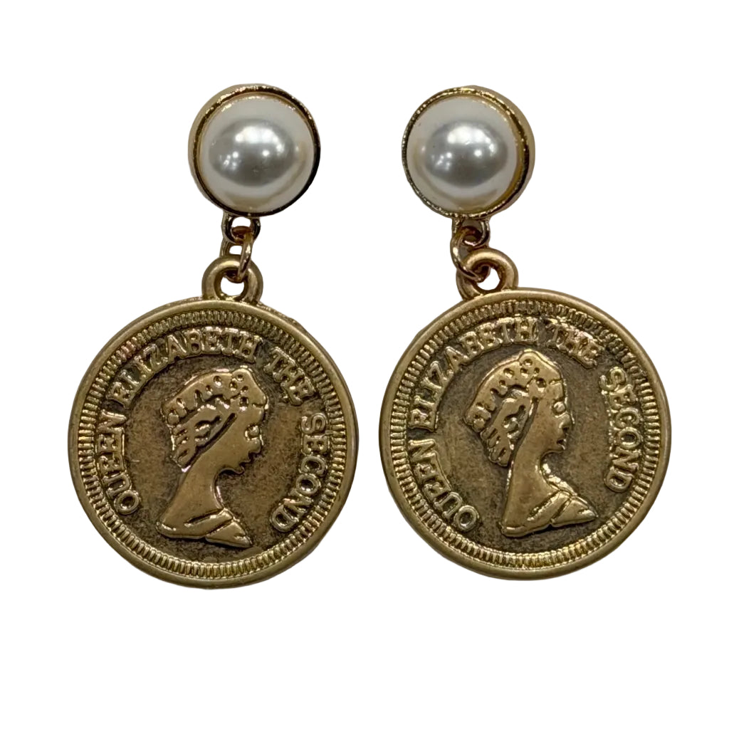 Pendientes Chocolatina Colgantes Moneda Vintage con Perla — Dorado Envejecido