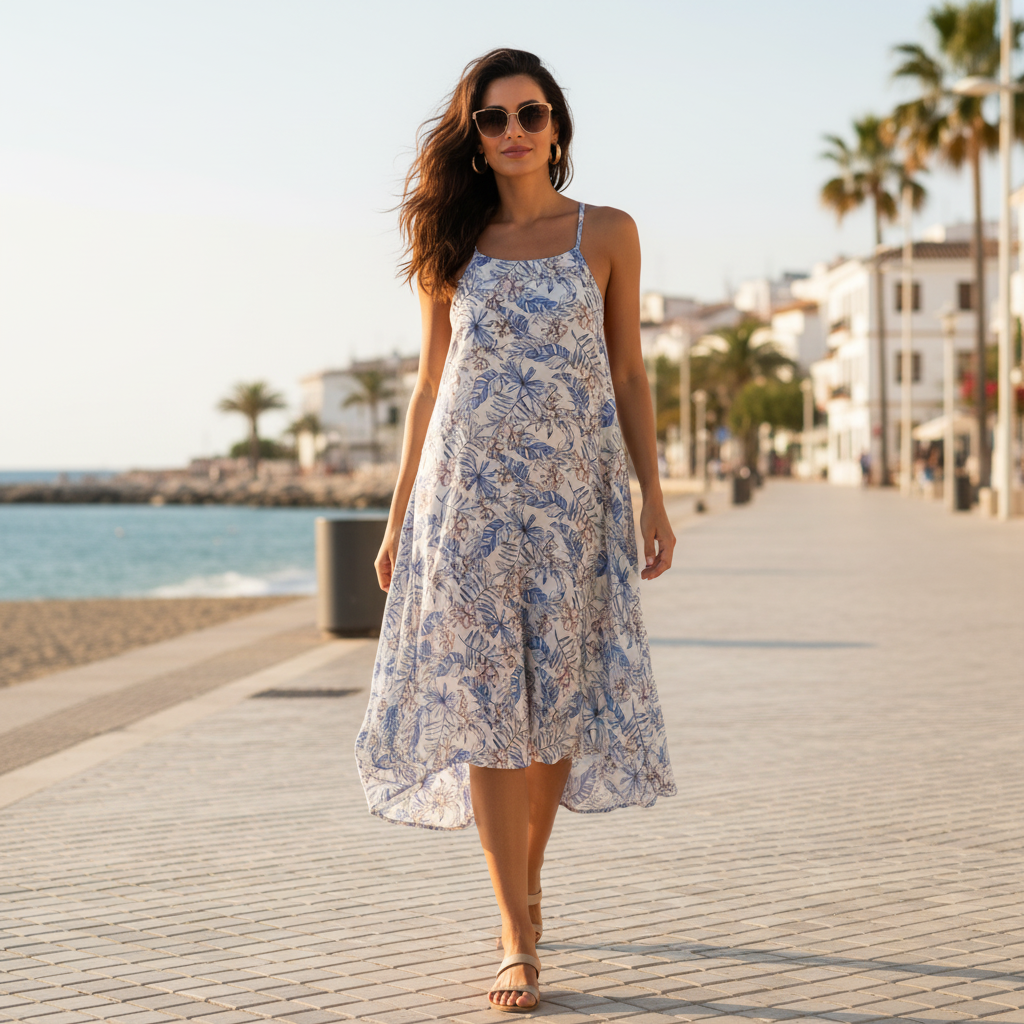 Vestido Blanco Tropical sobre modelo