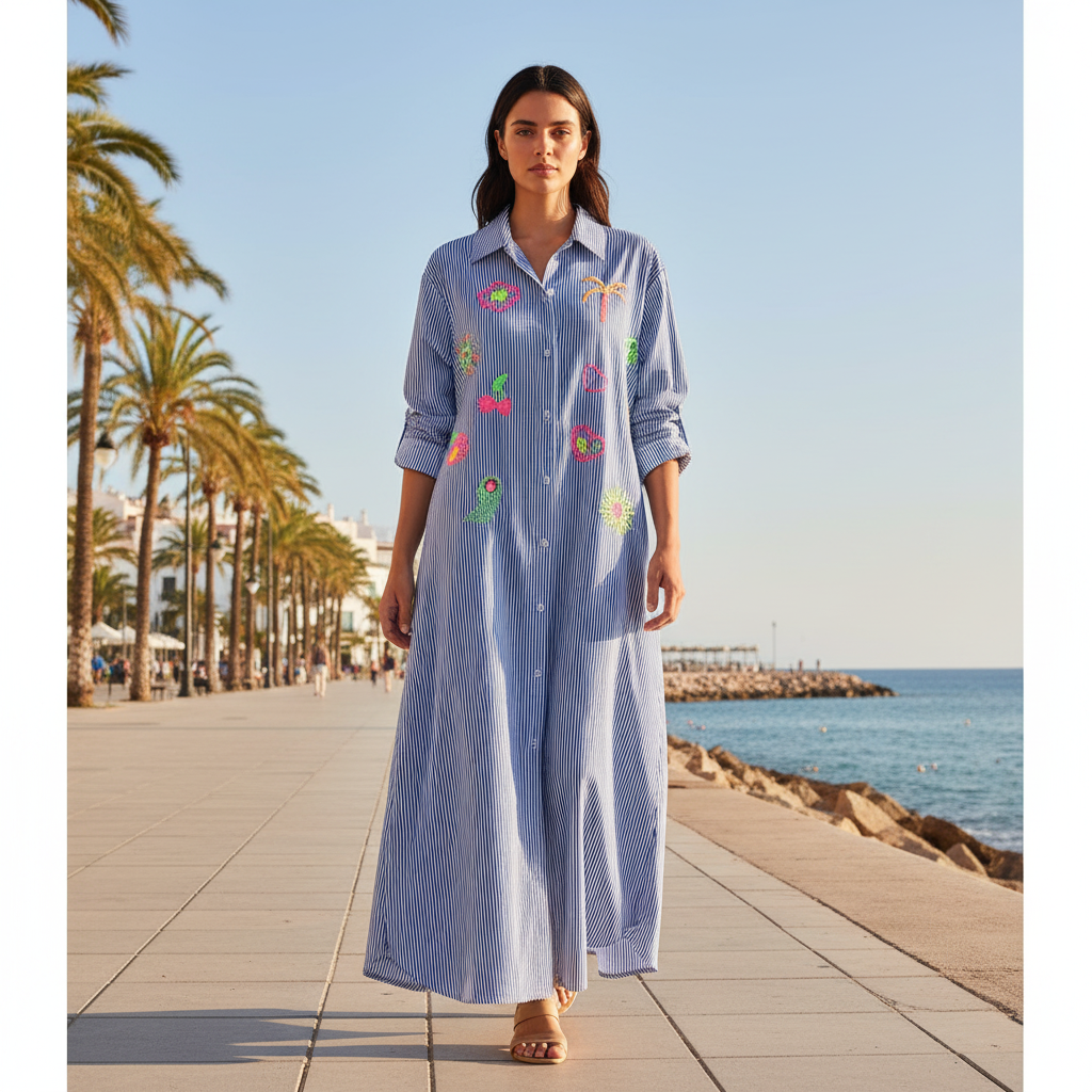 Vestido camisero rayas bordados neón sobre modelo