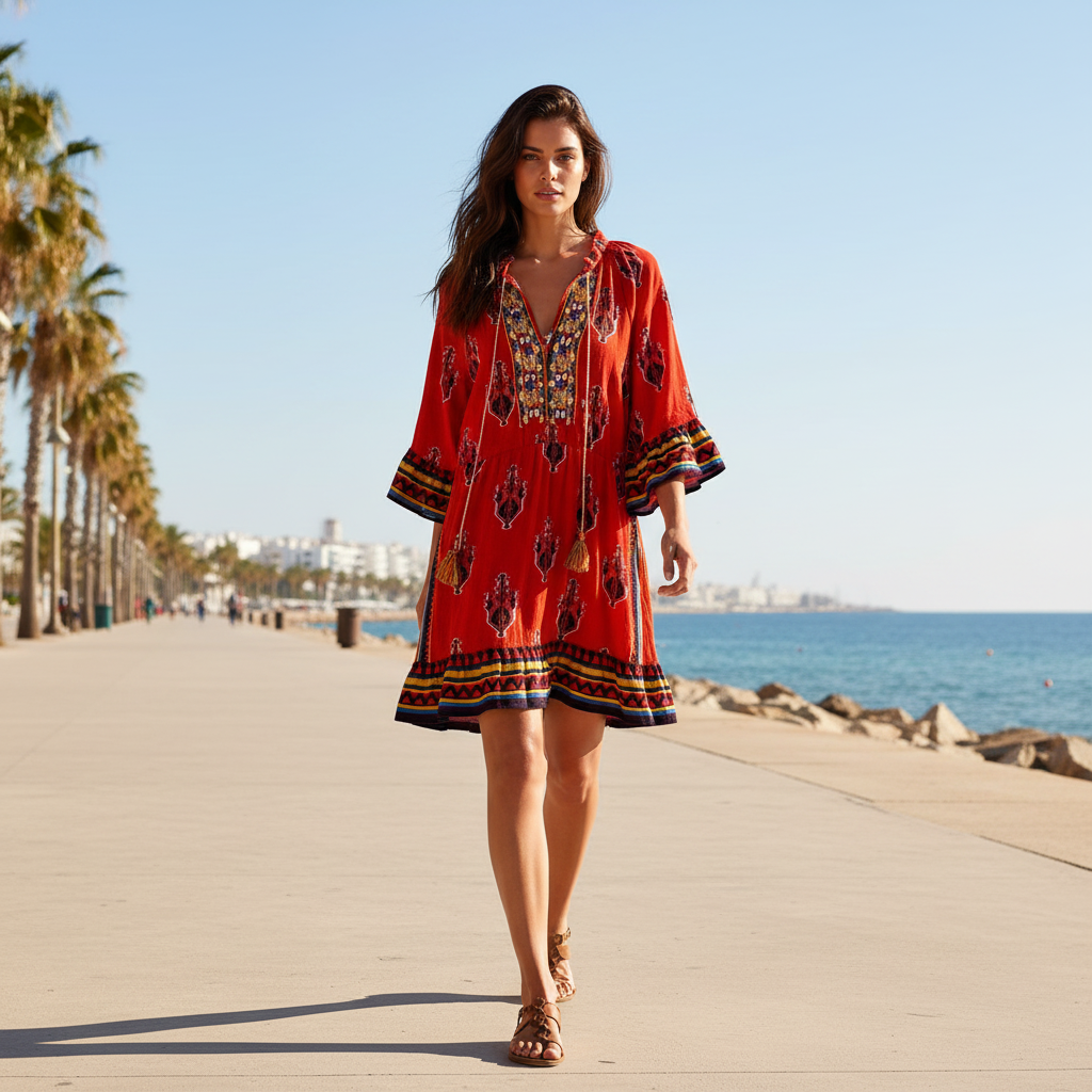 Vestido corto rojo sobre modelo