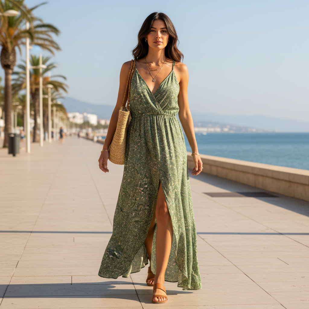 Vestido Durga verde salvia sobre modelo