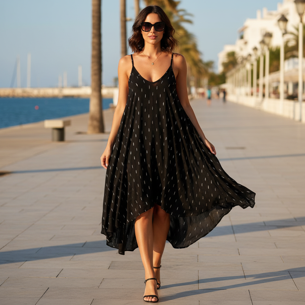 Vestido Eurema Negro sobre modelo - largo justo bajo rodilla