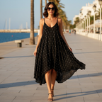 Vestido Eurema Negro sobre modelo - largo justo bajo rodilla