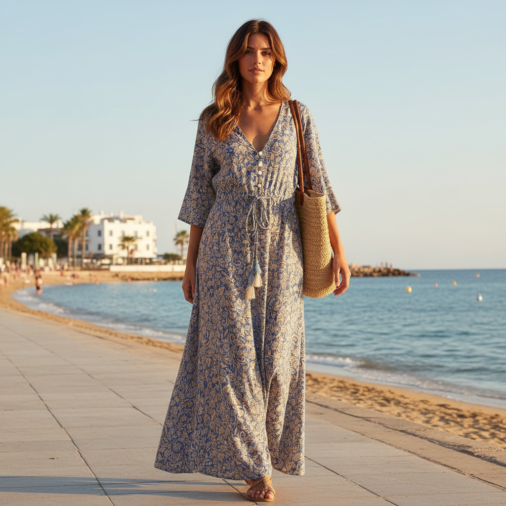 Vestido India Largo Arya - Azul Ikat en modelo
