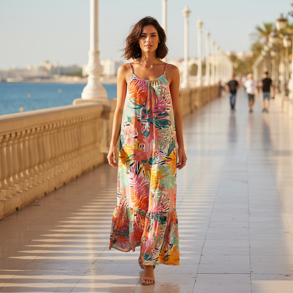 Vestido Largo Anora Tropical en modelo