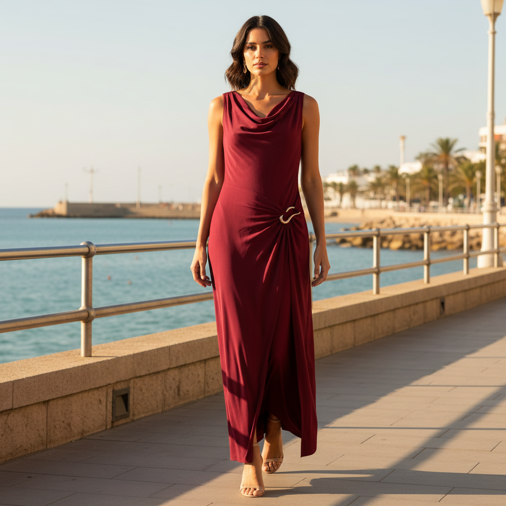 Vestido Largo Isonzo Burdeos sobre modelo