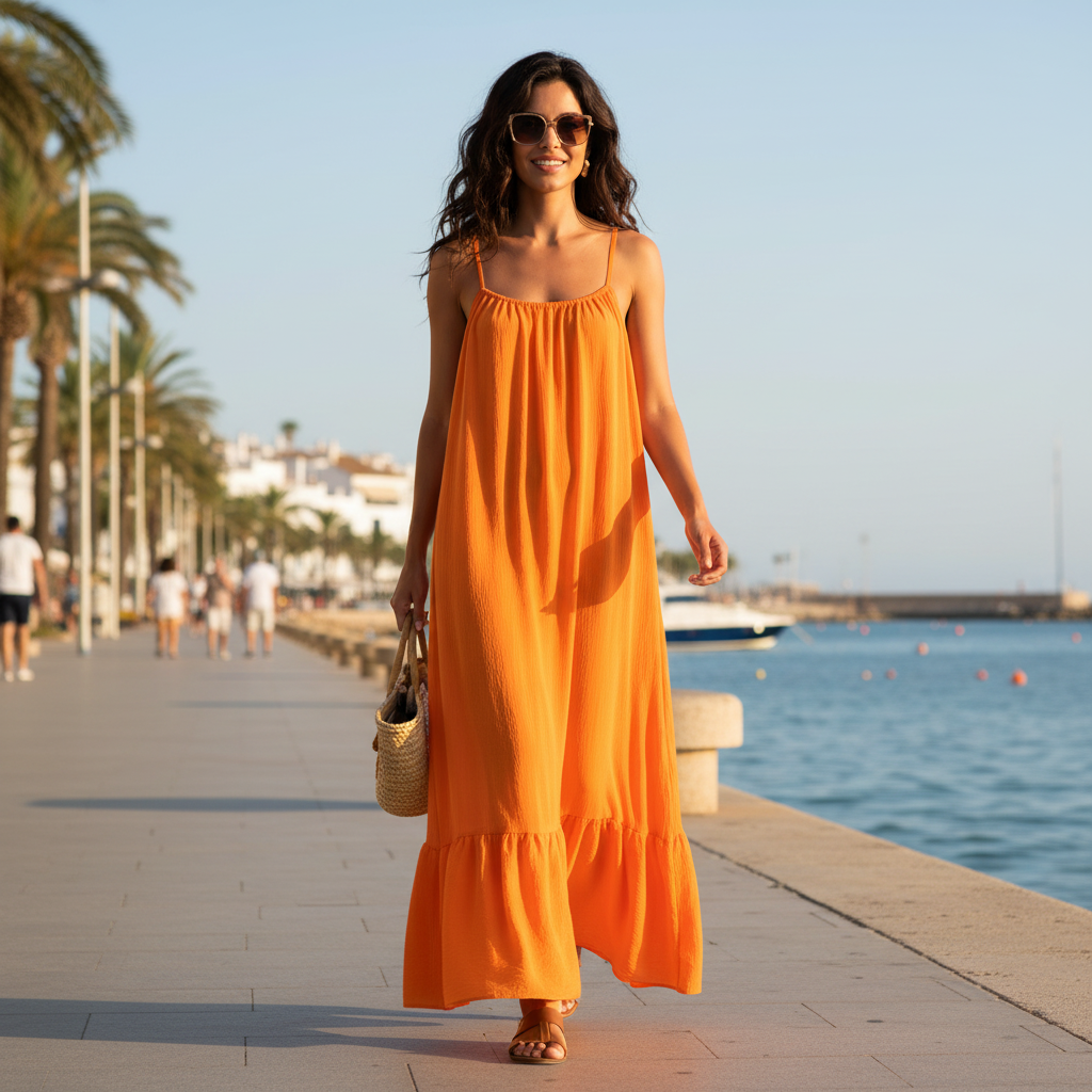 Vestido Largo Jamaica Naranja sobre modelo