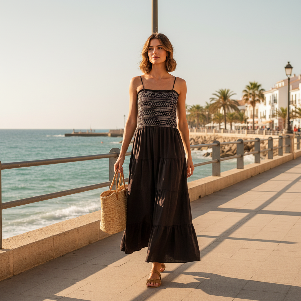 Vestido largo marrón sobre modelo