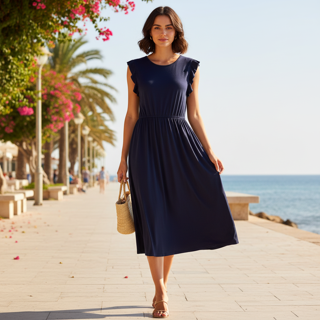 Vestido Midi Agraulys Azul Marino sobre modelo - largo rodilla