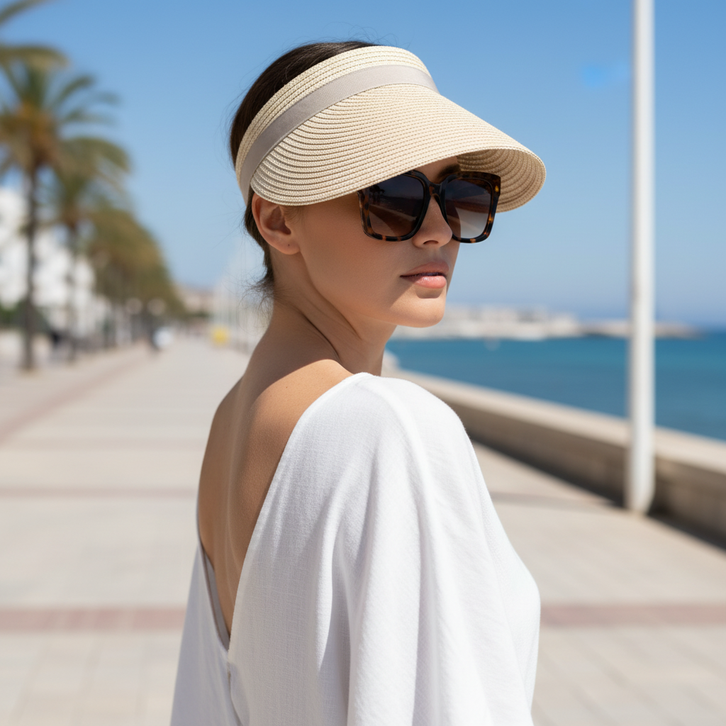 Visera blanca con gafas sobre modelo