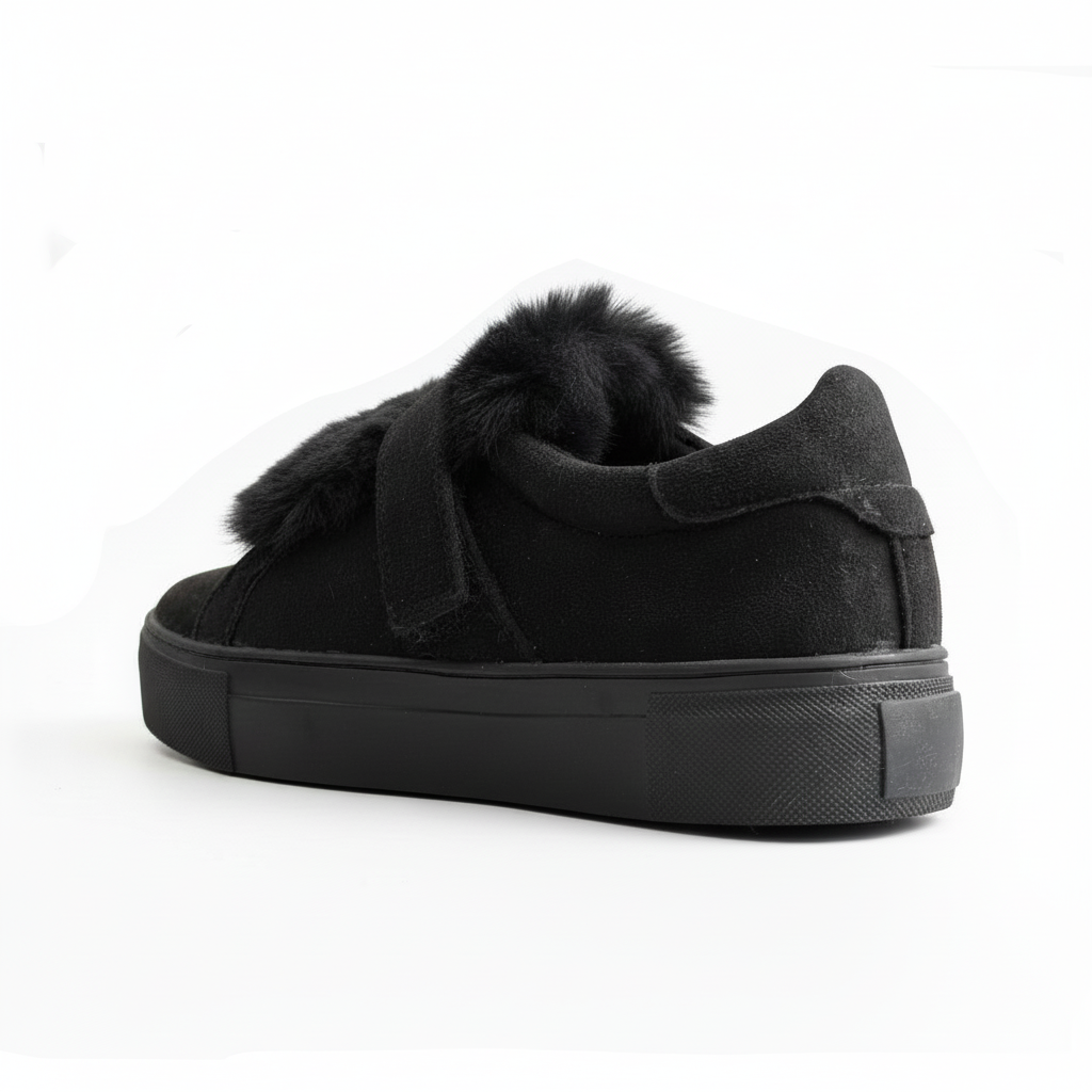 Zapatilla negra con pompón sobre fondo blanco