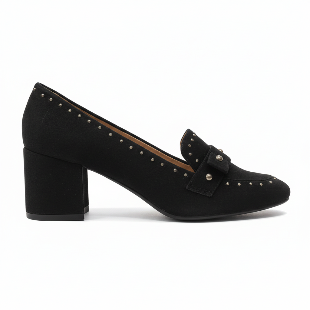 Zapato negro reflejado hacia la derecha